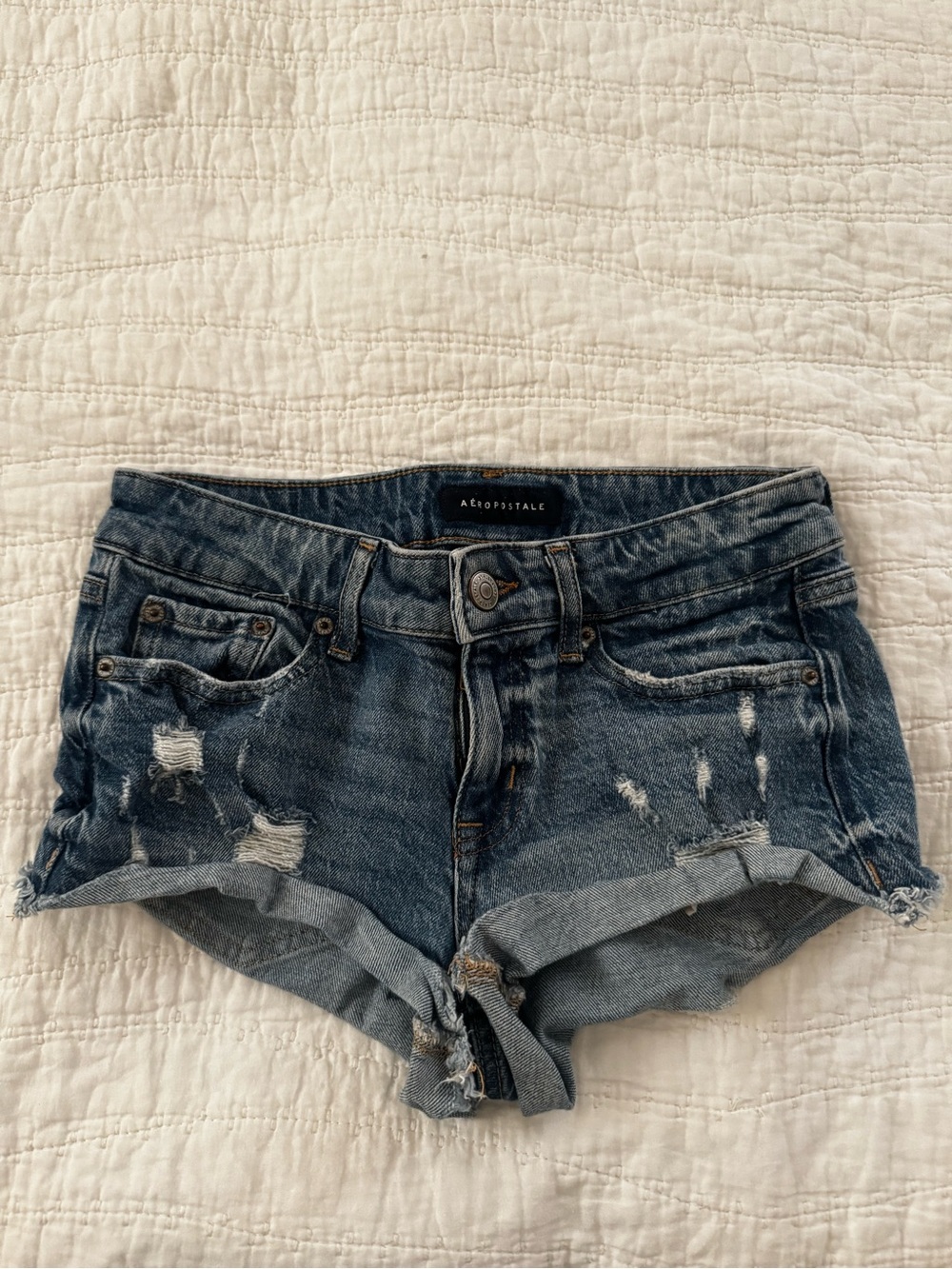 Aeropostale Women's Vintage Low Rise Shorty Distressed Denim Shorts